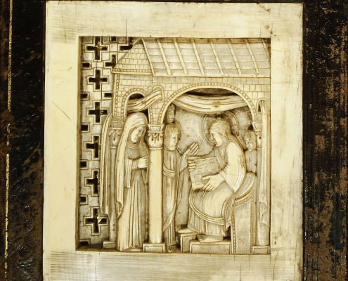 Einband mit vier Elfenbeintafeln mit Szenen des Lebens Christi aus dem Magdeburger Antependium für den „Codex Wittekindeus“, ein im 10. Jahrhundert in Fulda entstandenes Evangeliar - Signatur: Ms. theol. lat. fol. 1