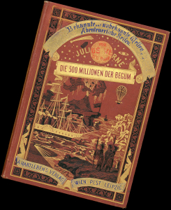 Farbprägung in Gold- und Schwarztönen mit Motiven bekannter Romane von Jules Verne – Verlagseinband 1881 – Signatur: 53 MA 506436