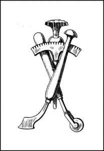 Ein Streicheisen mit Filete, Rolle, und Stempel. Quelle: Paul Adam: Der Bucheinband, Leipzig 1890, S. 115, Abb. 64
