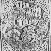 Die Platte zeigt Bathseba im Bade, beobachtet von König David. Platte vom Buchbinder Levin Michels, Braunschweig.